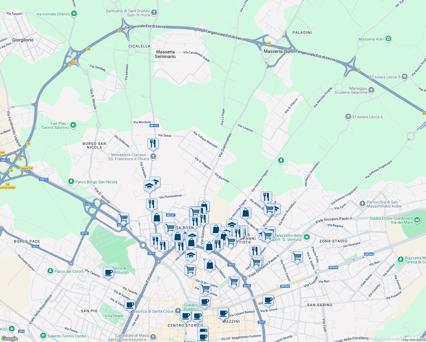 map of restaurants, bars, coffee shops, grocery stores, and more near 4 Via Bormida in Lecce