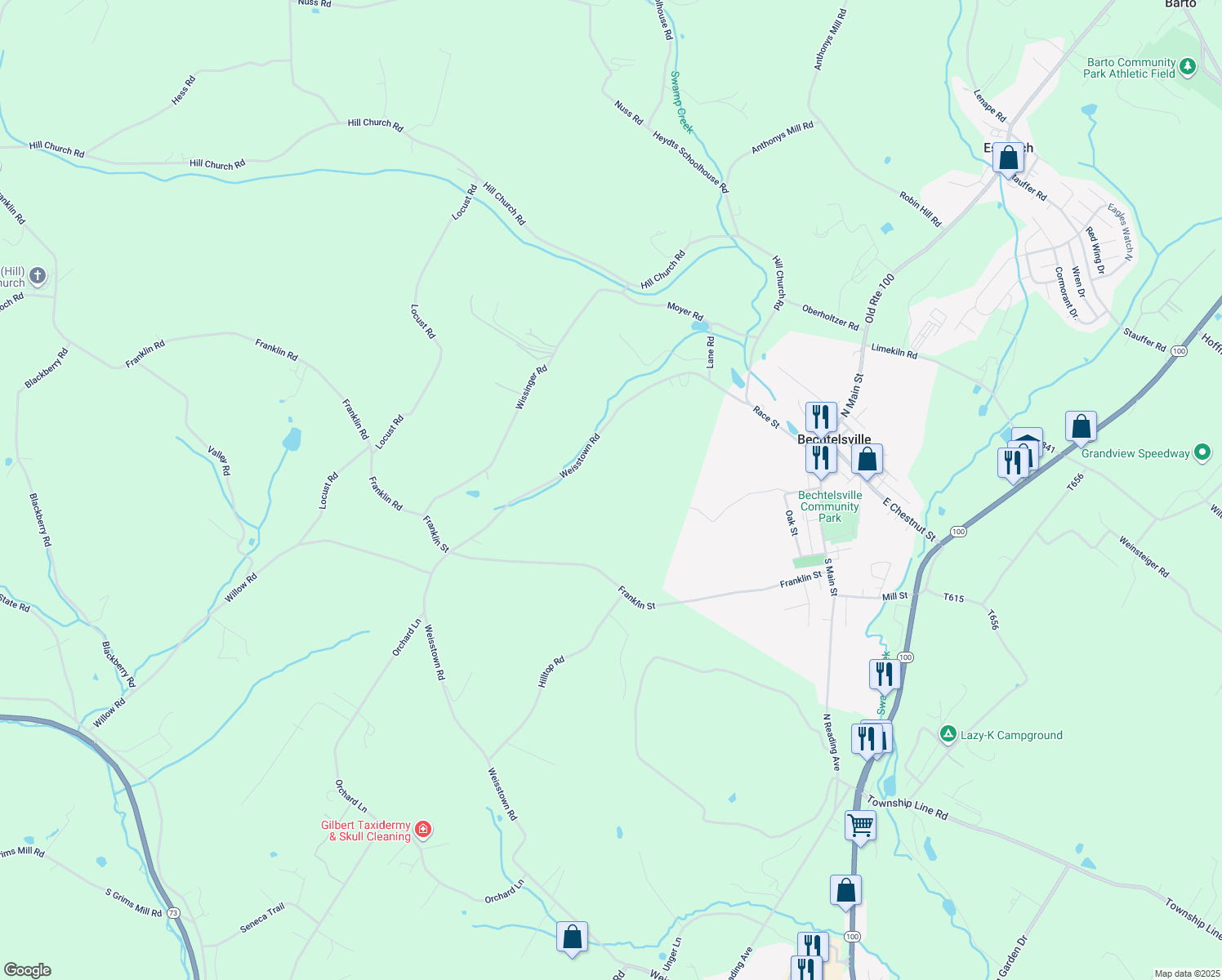 map of restaurants, bars, coffee shops, grocery stores, and more near 454 Franklin Road in Boyertown