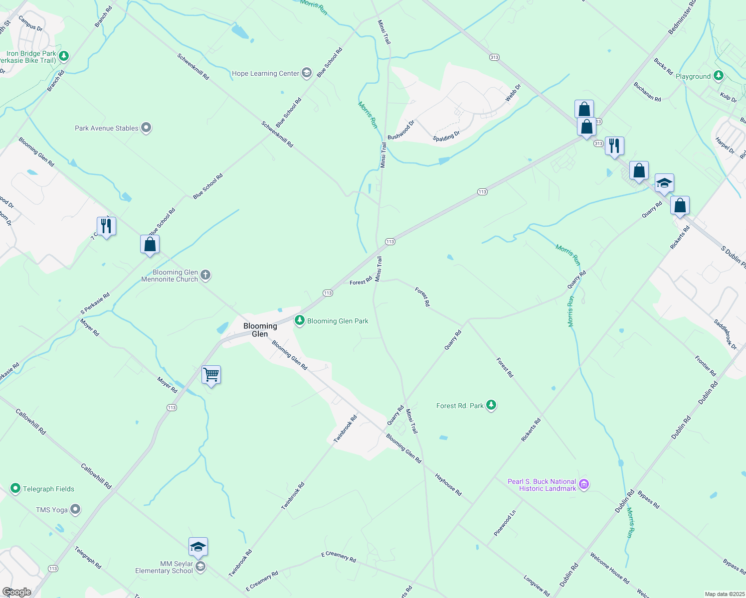 map of restaurants, bars, coffee shops, grocery stores, and more near 821 Minsi Trail in Perkasie