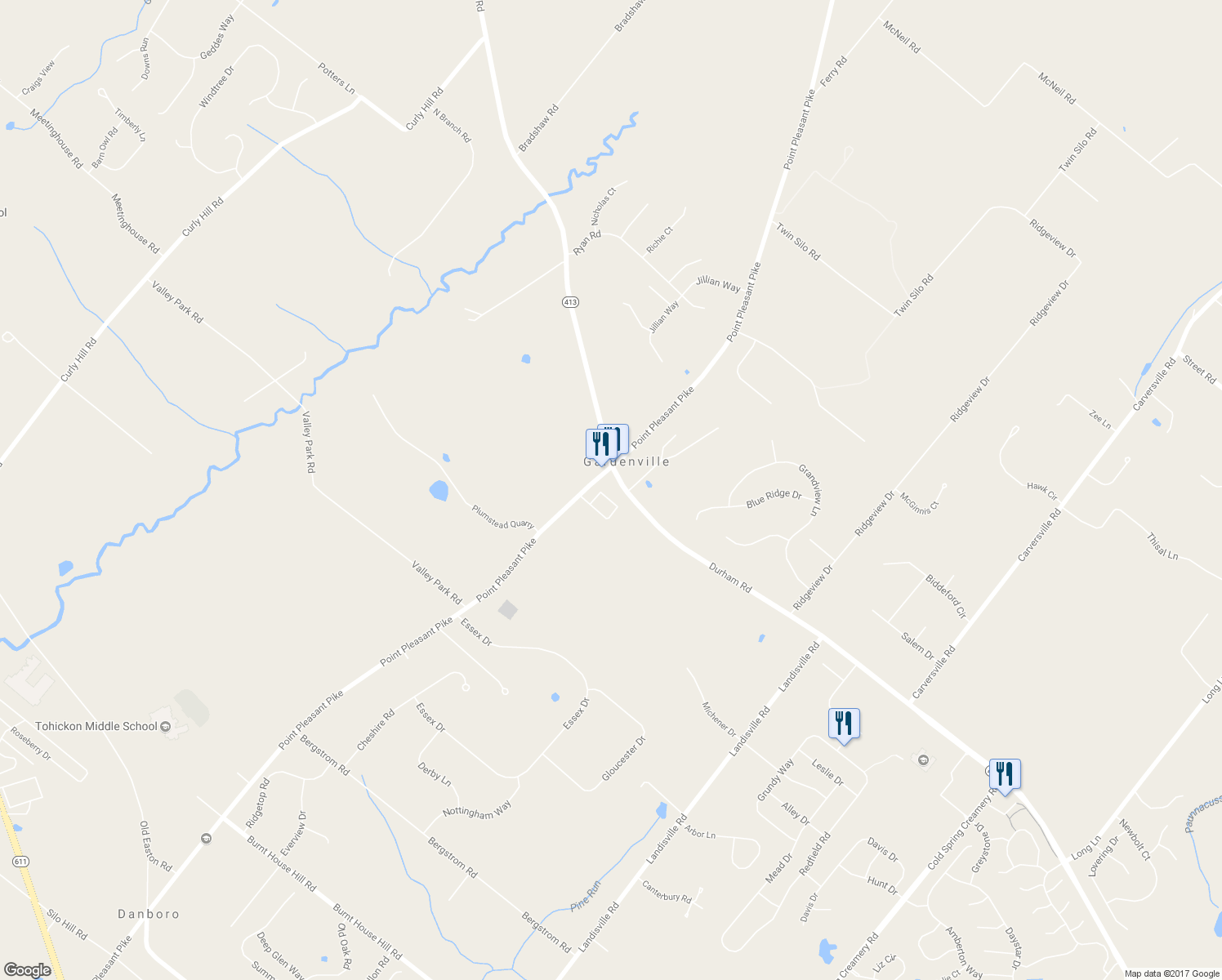 map of restaurants, bars, coffee shops, grocery stores, and more near 4656 Plough Tavern Road in Doylestown