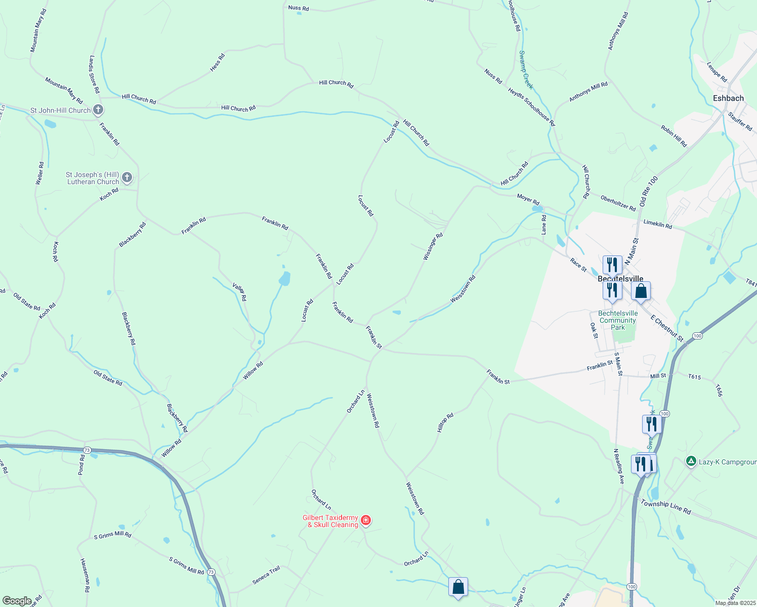 map of restaurants, bars, coffee shops, grocery stores, and more near 89 Wissinger Road in Boyertown