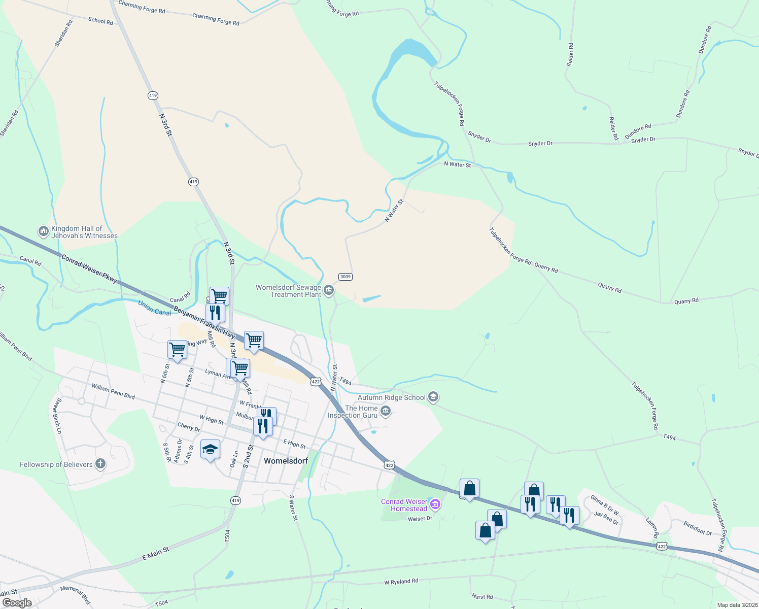 map of restaurants, bars, coffee shops, grocery stores, and more near 401 North Water Street in Womelsdorf