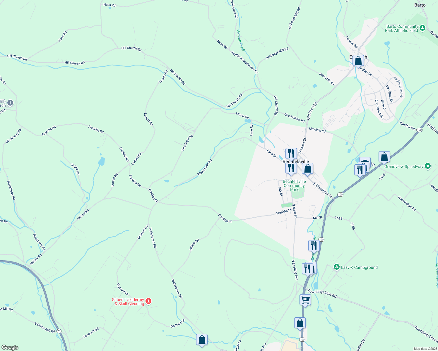 map of restaurants, bars, coffee shops, grocery stores, and more near 454 Franklin Road in Boyertown