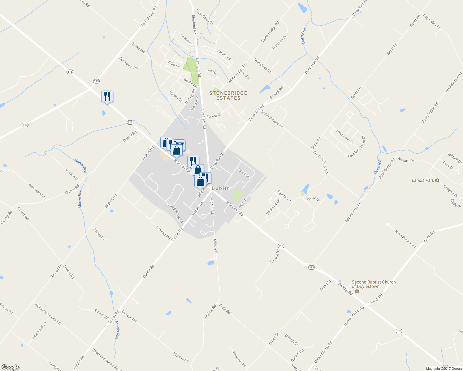map of restaurants, bars, coffee shops, grocery stores, and more near 104 Fox Hollow Road in Dublin