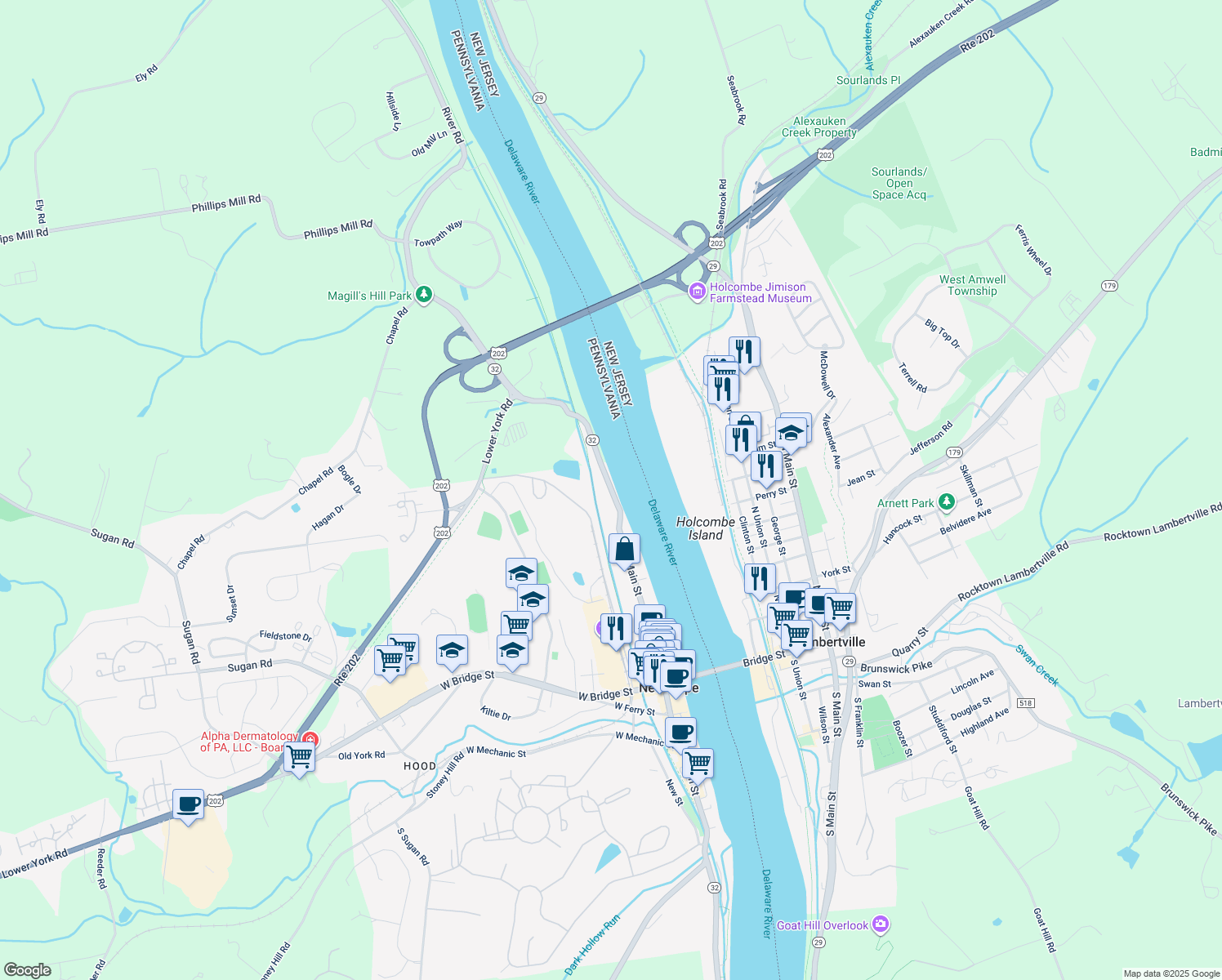 map of restaurants, bars, coffee shops, grocery stores, and more near 247 N Main St in New Hope