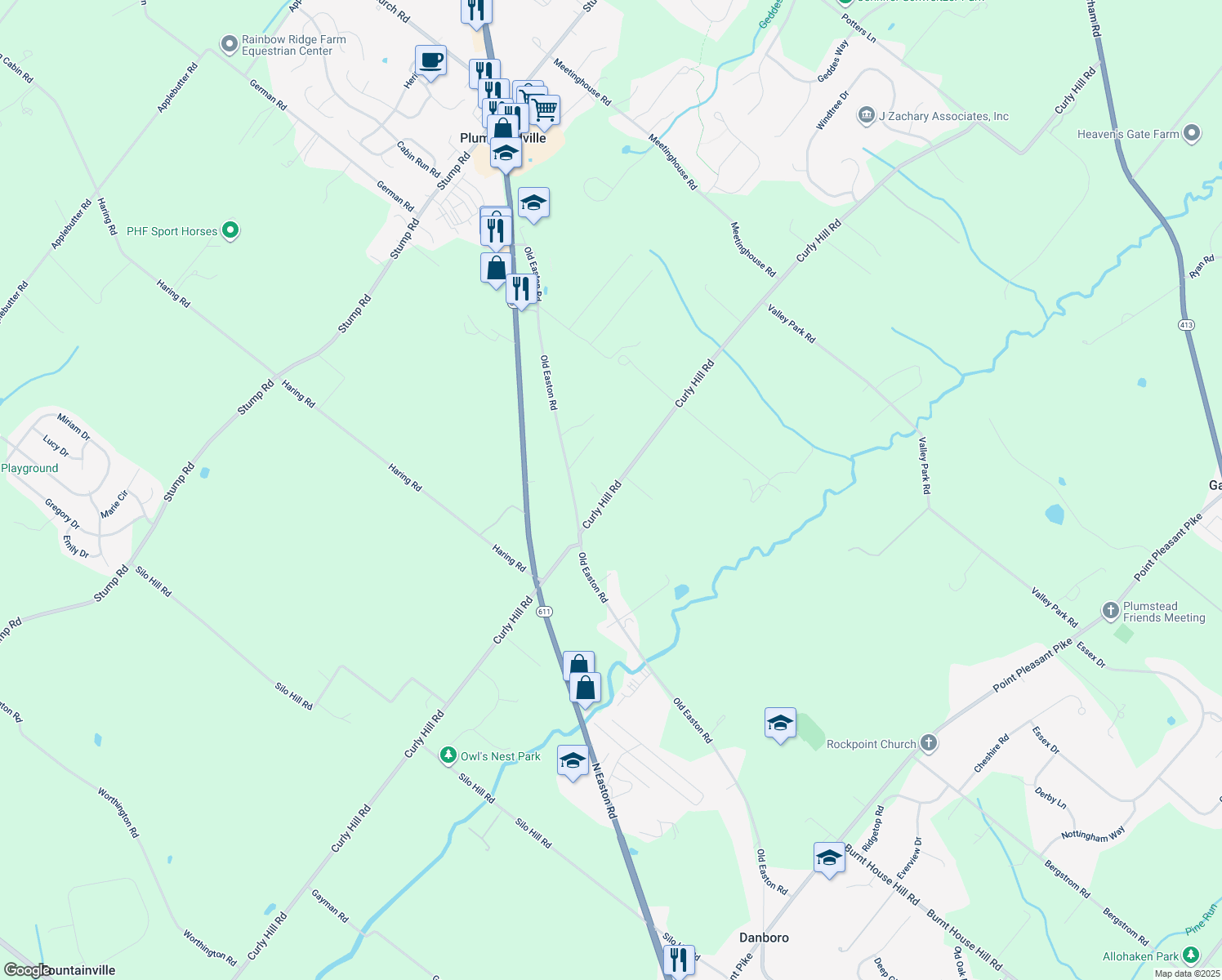 map of restaurants, bars, coffee shops, grocery stores, and more near 4671 Curly Hill Road in Doylestown