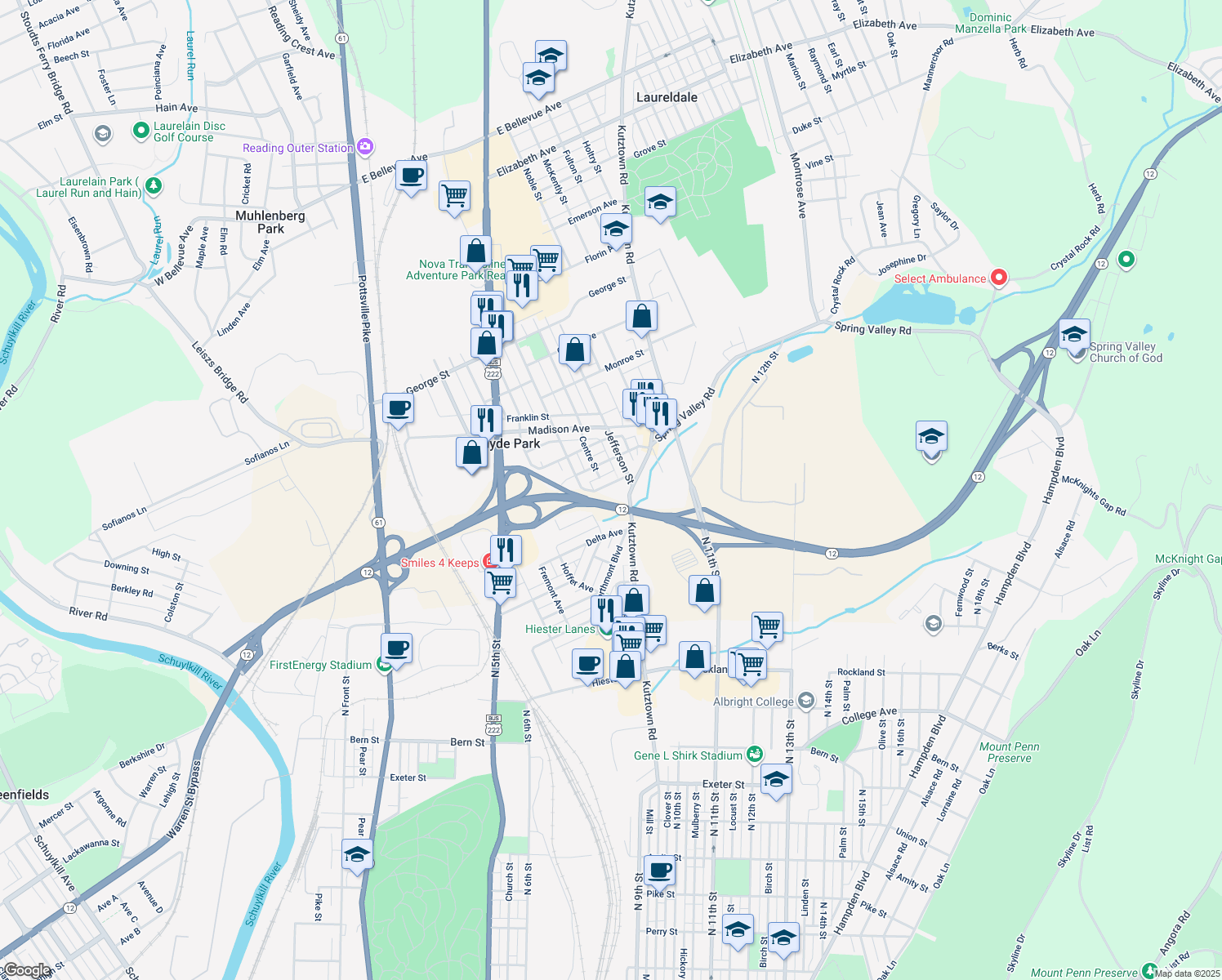 map of restaurants, bars, coffee shops, grocery stores, and more near 116 Park Ave in Laureldale