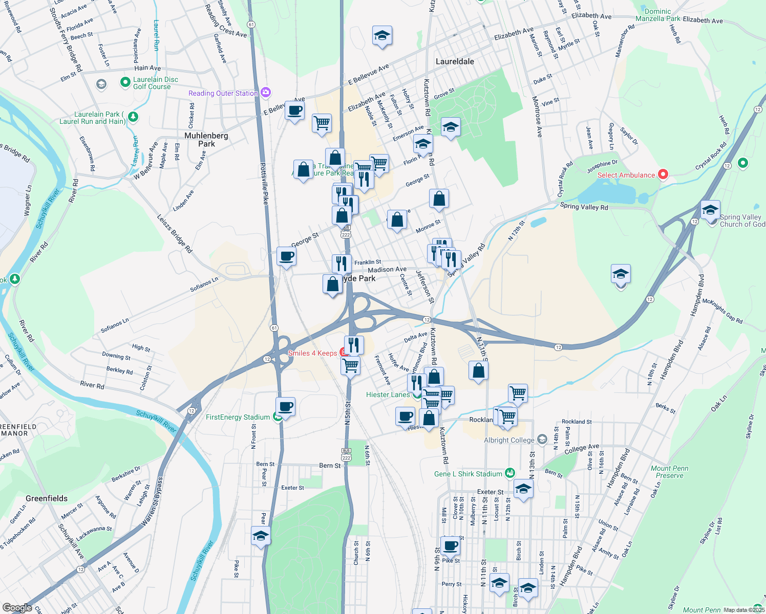 map of restaurants, bars, coffee shops, grocery stores, and more near 230 Bernhart Avenue in Reading