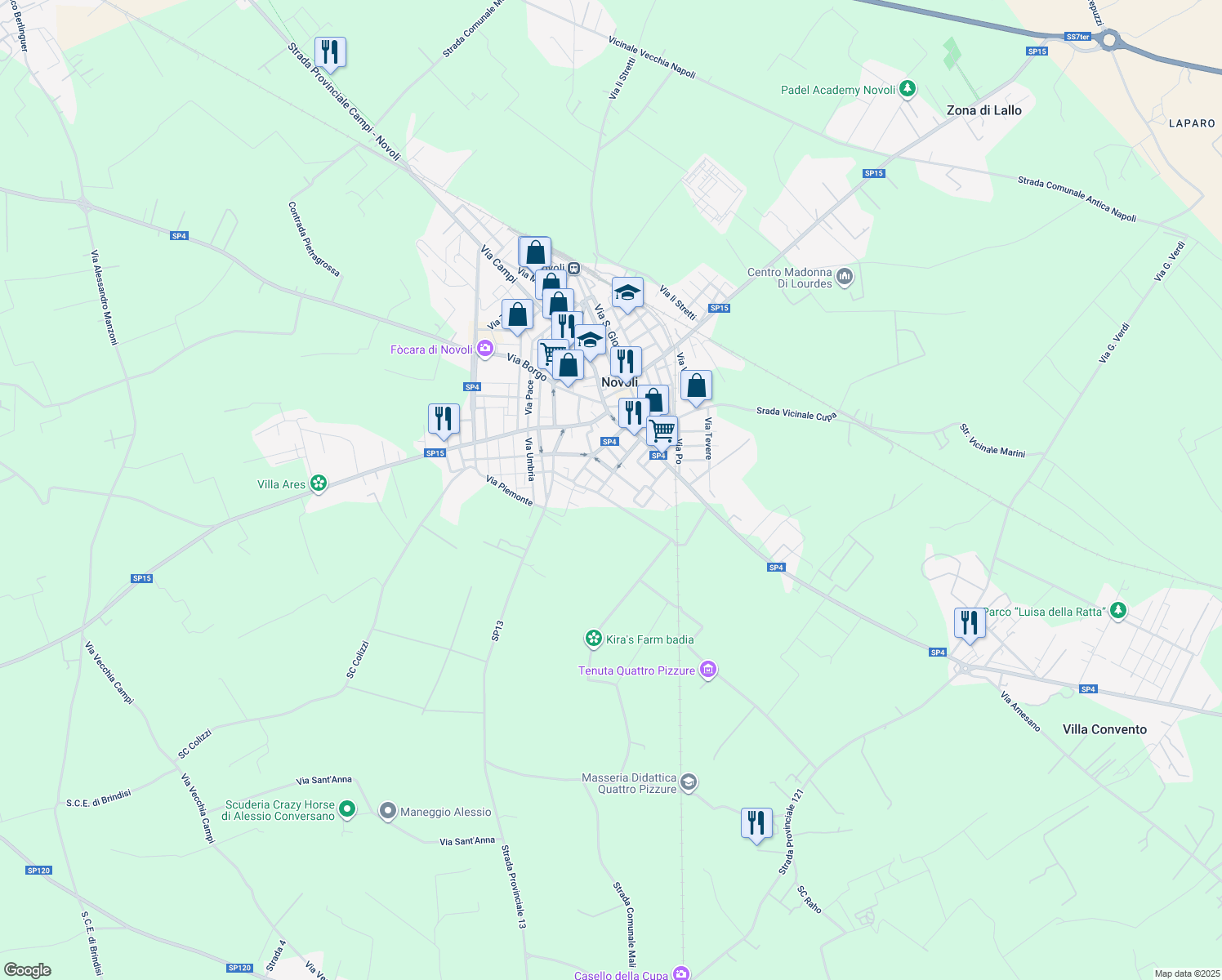 map of restaurants, bars, coffee shops, grocery stores, and more near 29 Via Luigi Madaro in Novoli