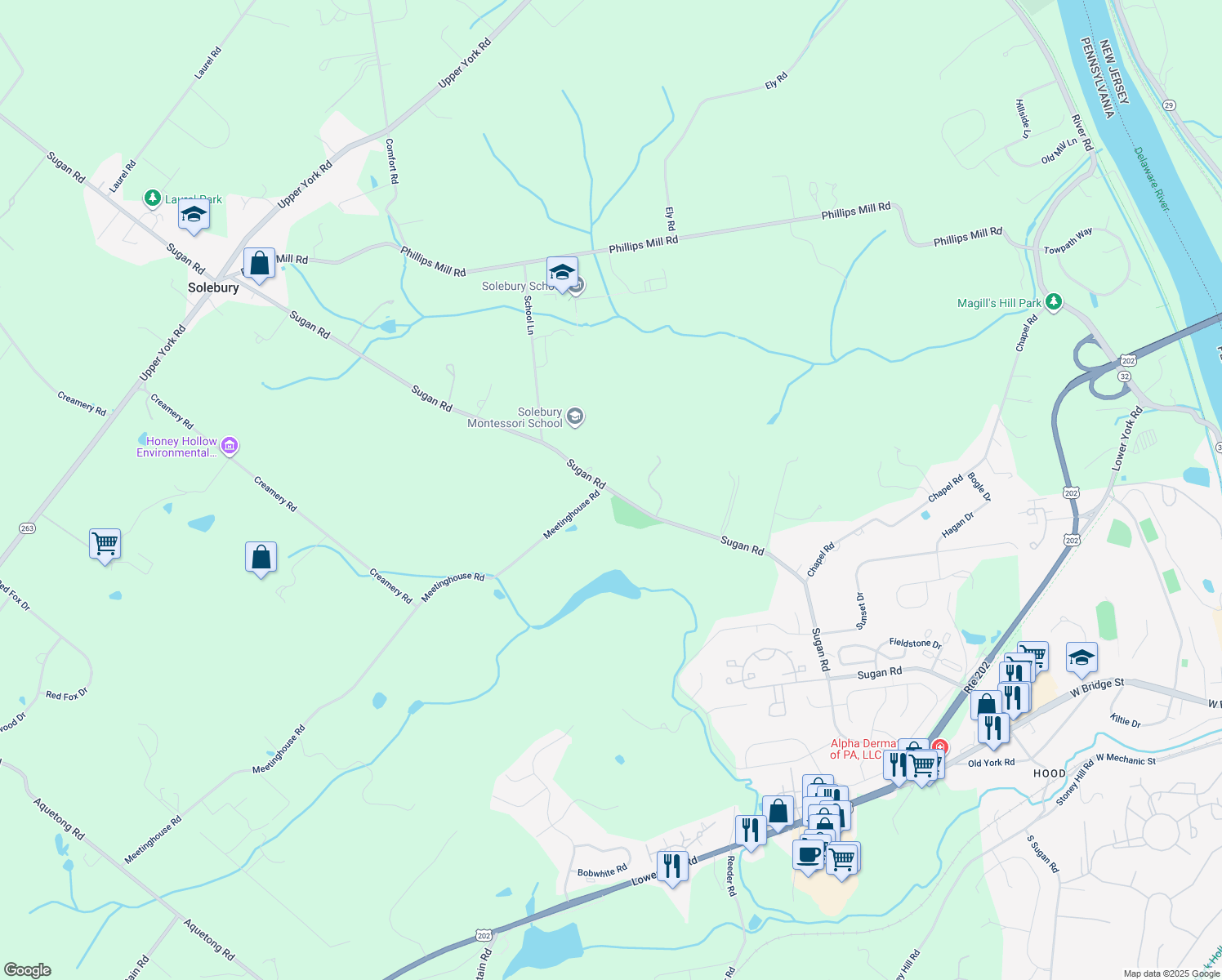 map of restaurants, bars, coffee shops, grocery stores, and more near 2670 North Sugan Road in New Hope