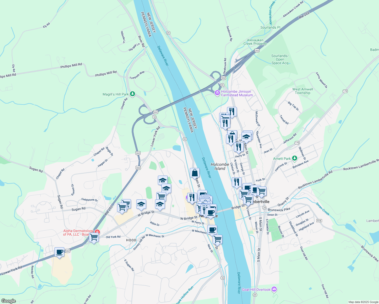 map of restaurants, bars, coffee shops, grocery stores, and more near 263 N Main St in New Hope