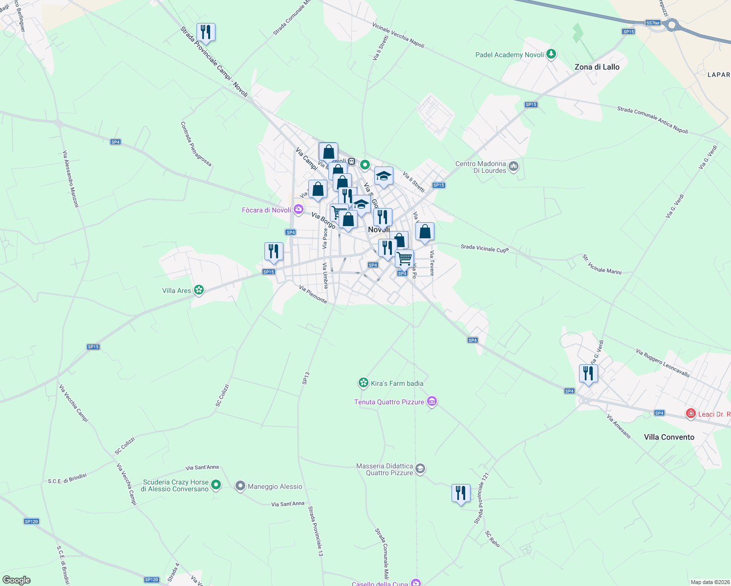 map of restaurants, bars, coffee shops, grocery stores, and more near 29 Via Luigi Madaro in Novoli