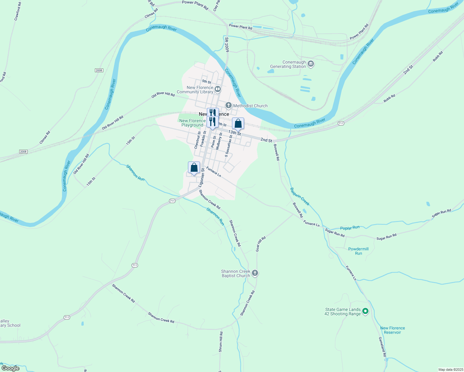 map of restaurants, bars, coffee shops, grocery stores, and more near 228 Furnace Lane in New Florence
