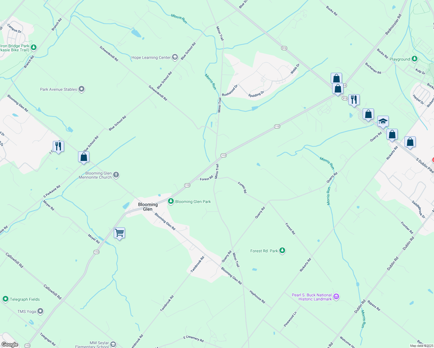 map of restaurants, bars, coffee shops, grocery stores, and more near 850 Minsi Trail in Perkasie