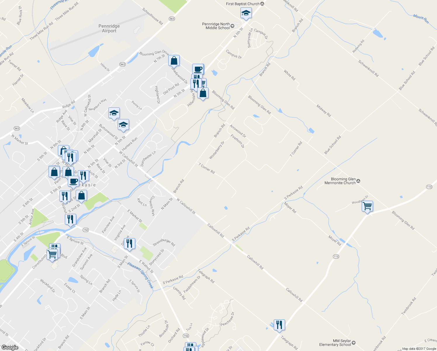 map of restaurants, bars, coffee shops, grocery stores, and more near 1645 7 Corner Road in Perkasie