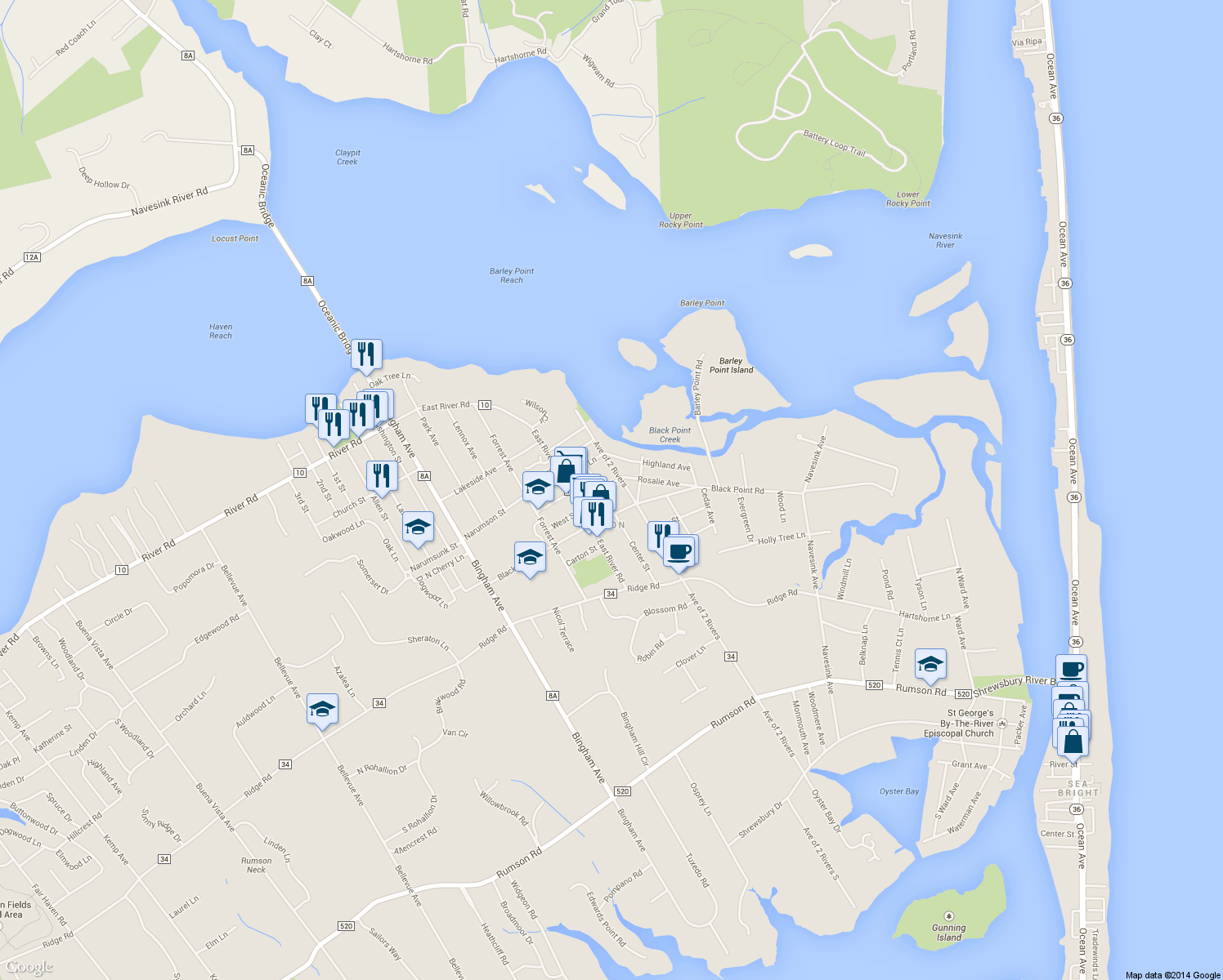 map of restaurants, bars, coffee shops, grocery stores, and more near 12 Parmly Street in Rumson