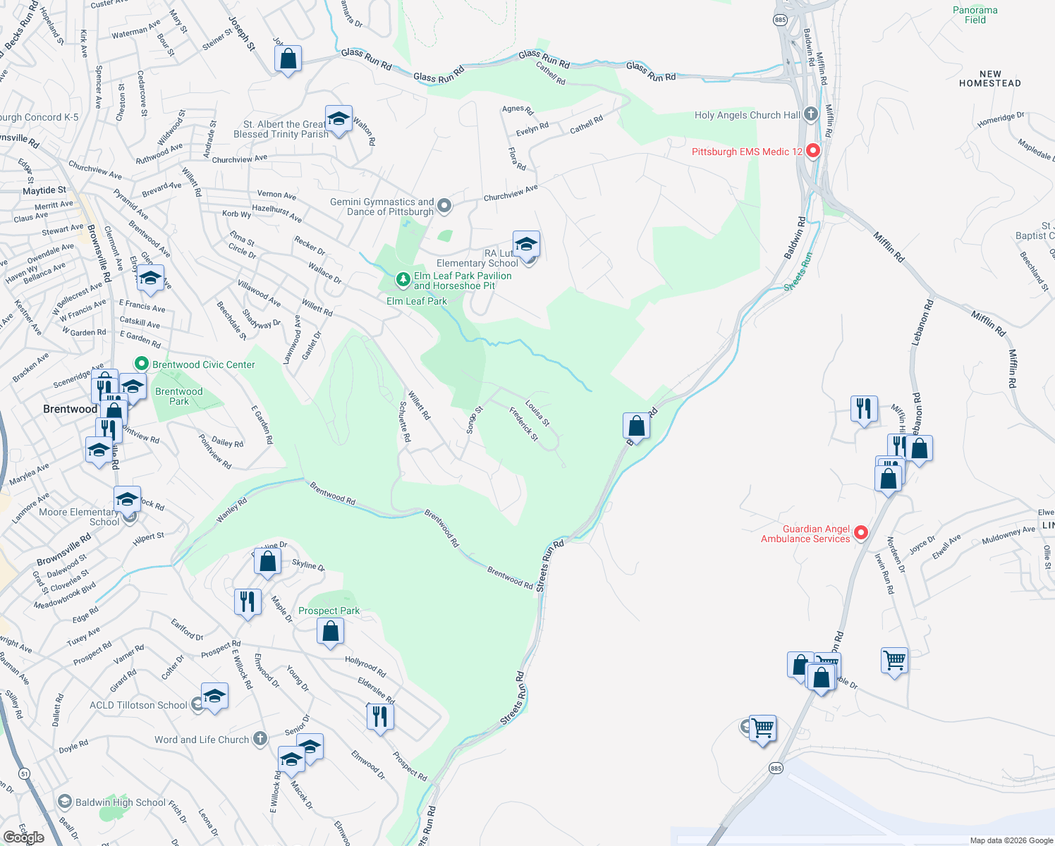 map of restaurants, bars, coffee shops, grocery stores, and more near 3824 Louisa Street in Pittsburgh