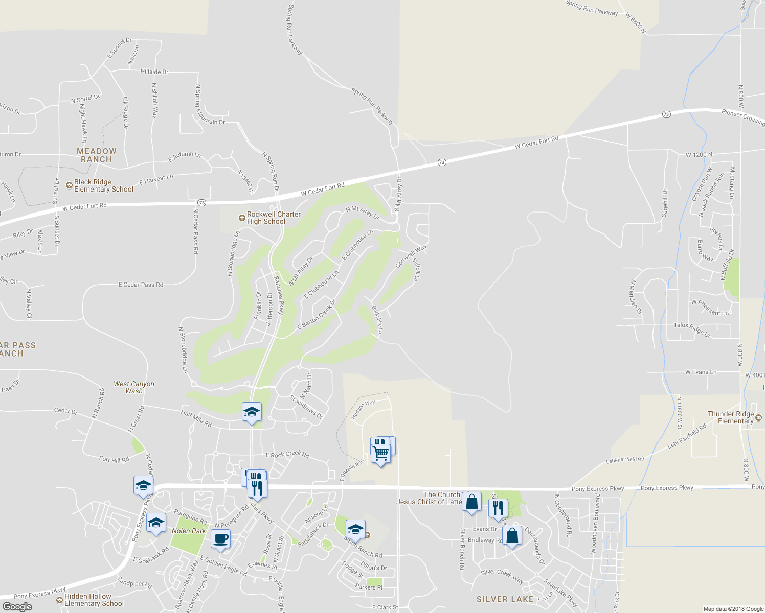 map of restaurants, bars, coffee shops, grocery stores, and more near 8791 Suffolk Lane in Eagle Mountain