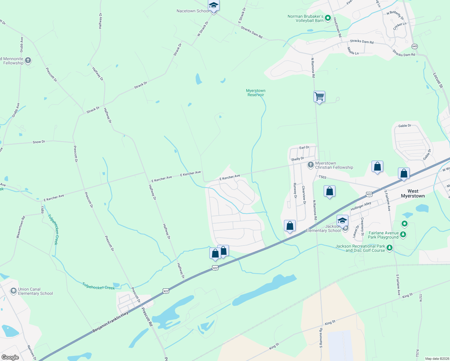 map of restaurants, bars, coffee shops, grocery stores, and more near 23 Arbor Drive in Myerstown