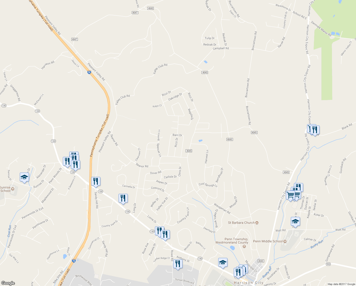 map of restaurants, bars, coffee shops, grocery stores, and more near 18 Rizzi Drive in Irwin