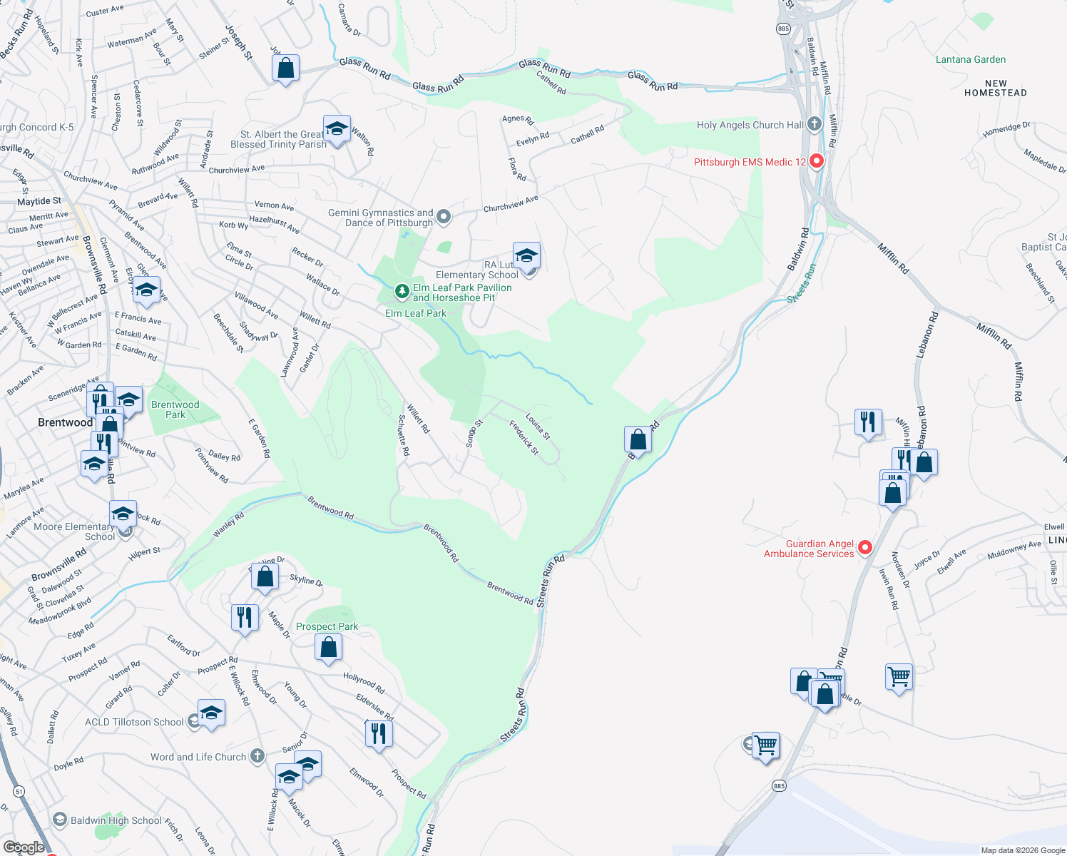 map of restaurants, bars, coffee shops, grocery stores, and more near 3824 Louisa Street in Pittsburgh