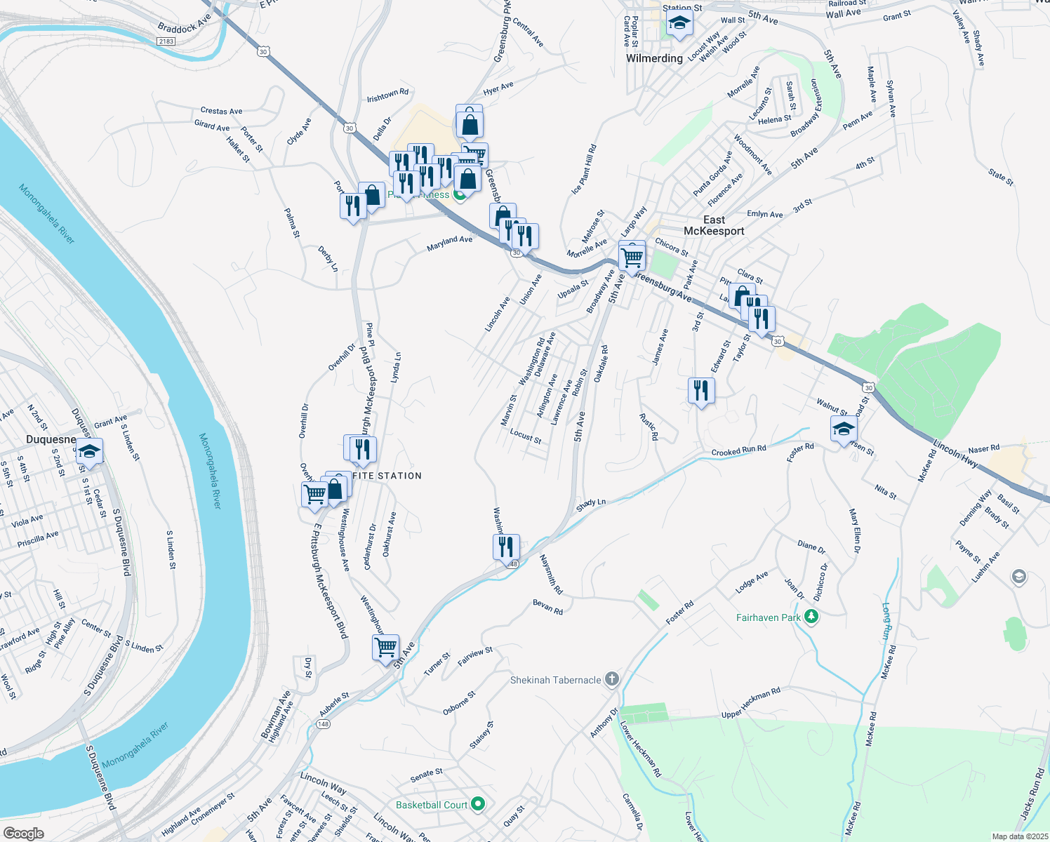 map of restaurants, bars, coffee shops, grocery stores, and more near 411 Delaware Ave in North Versailles