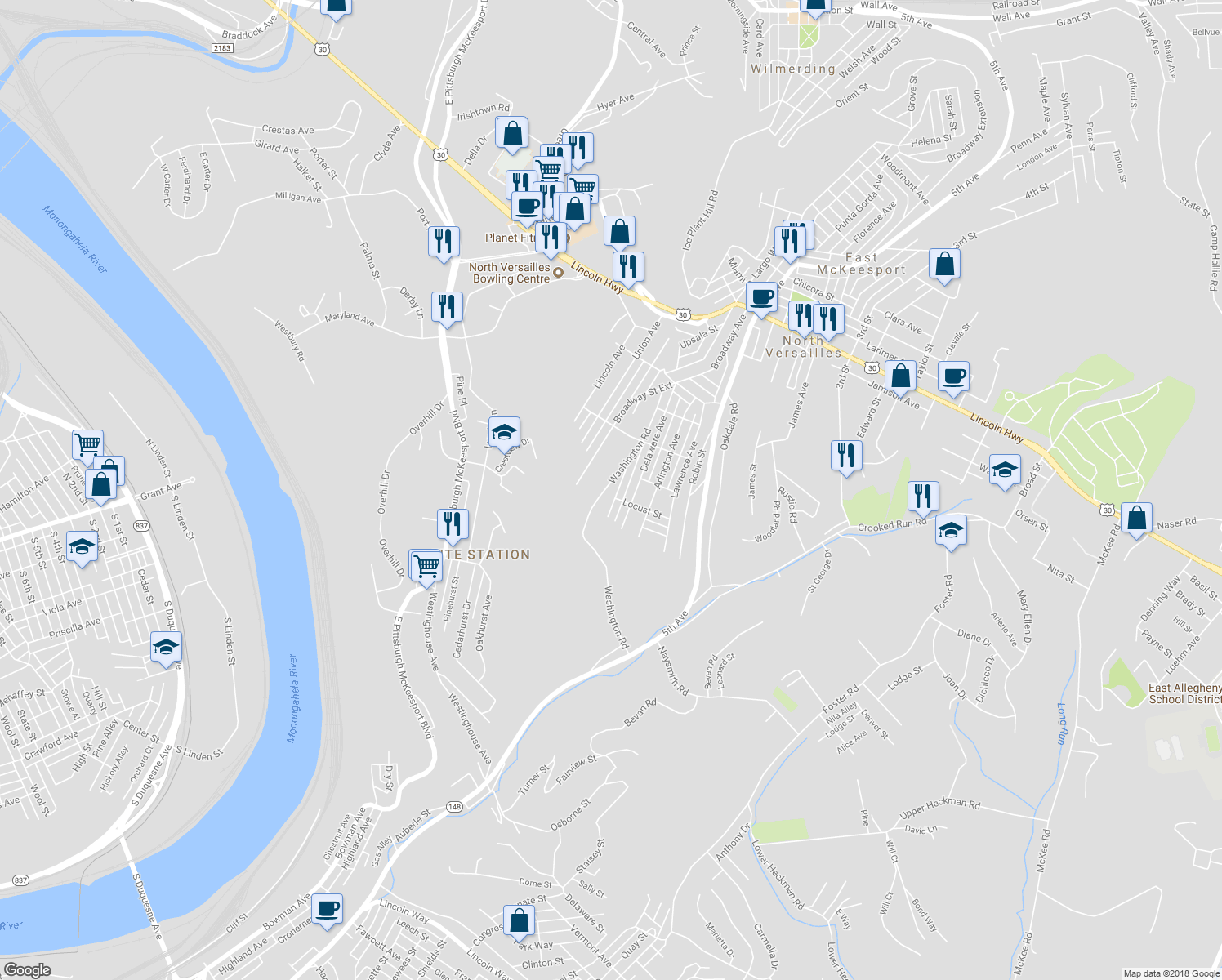 map of restaurants, bars, coffee shops, grocery stores, and more near 415 Washington Rd in North Versailles