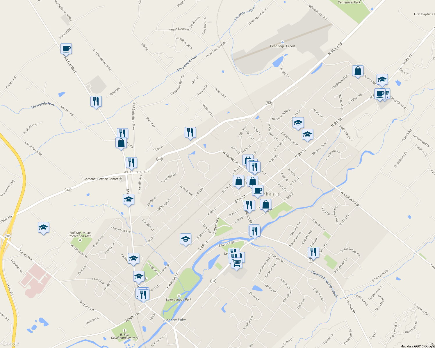 map of restaurants, bars, coffee shops, grocery stores, and more near 200 South 9th Street in Perkasie