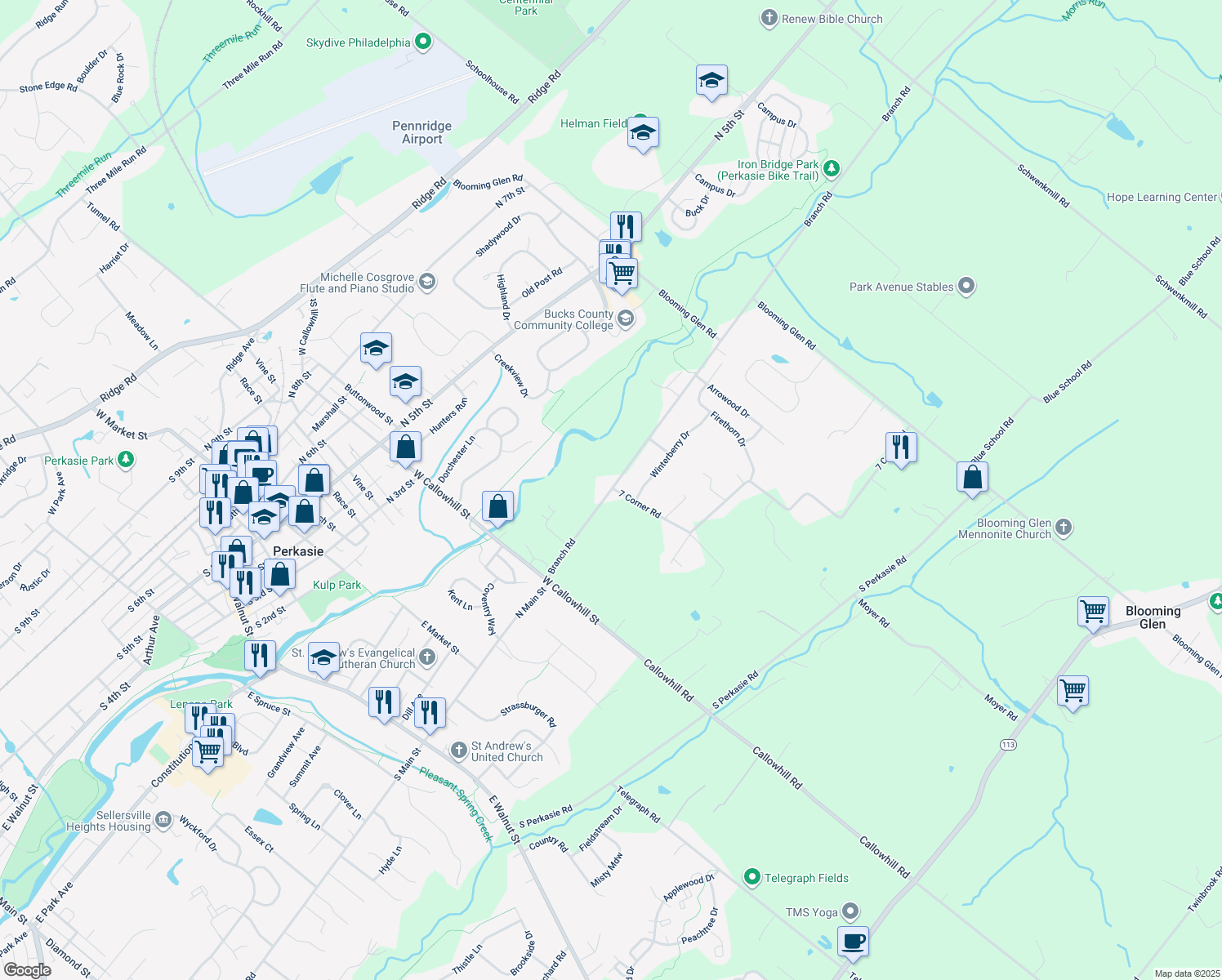 map of restaurants, bars, coffee shops, grocery stores, and more near 700 Branch Rd in Perkasie
