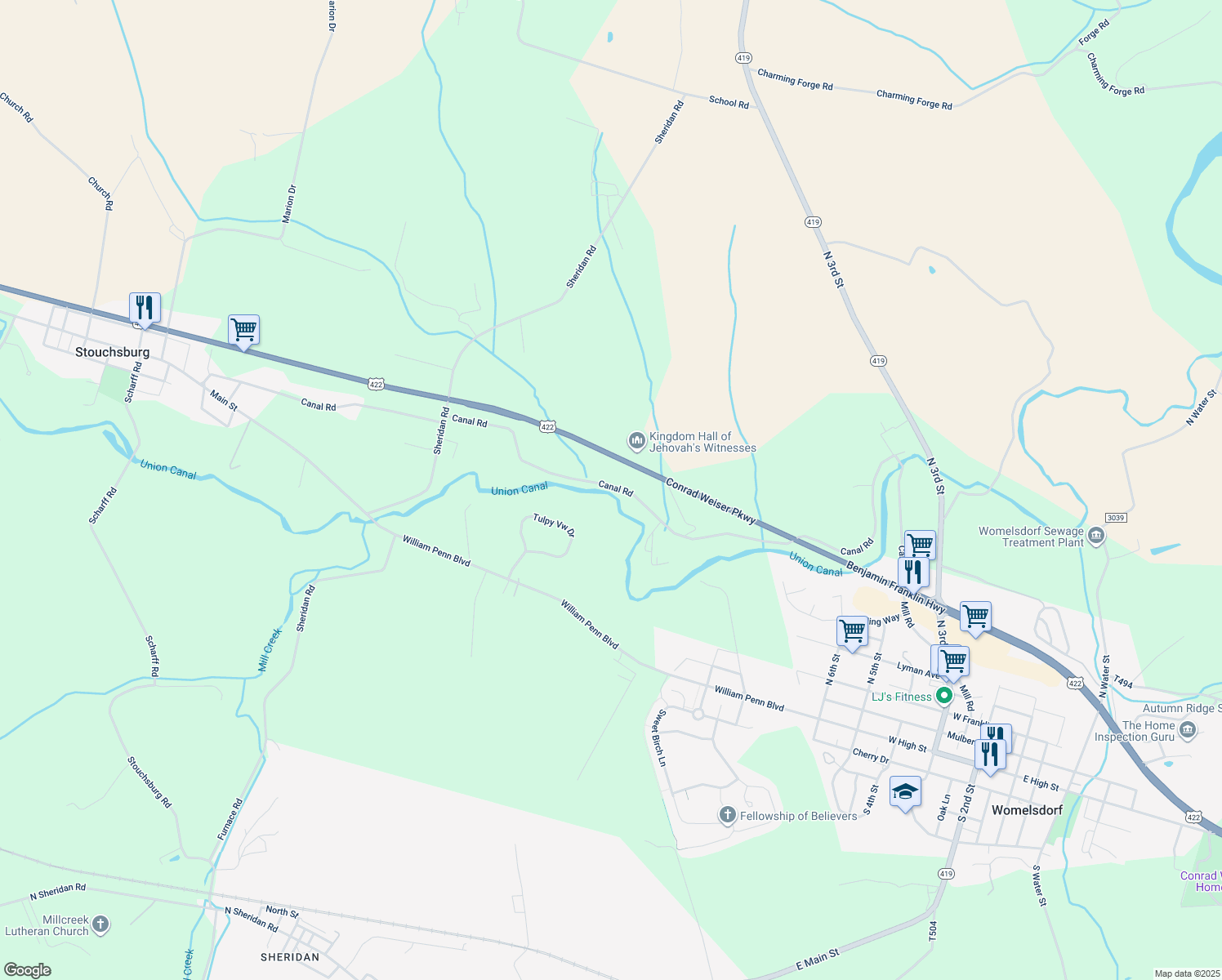 map of restaurants, bars, coffee shops, grocery stores, and more near 630 Canal Road in Womelsdorf
