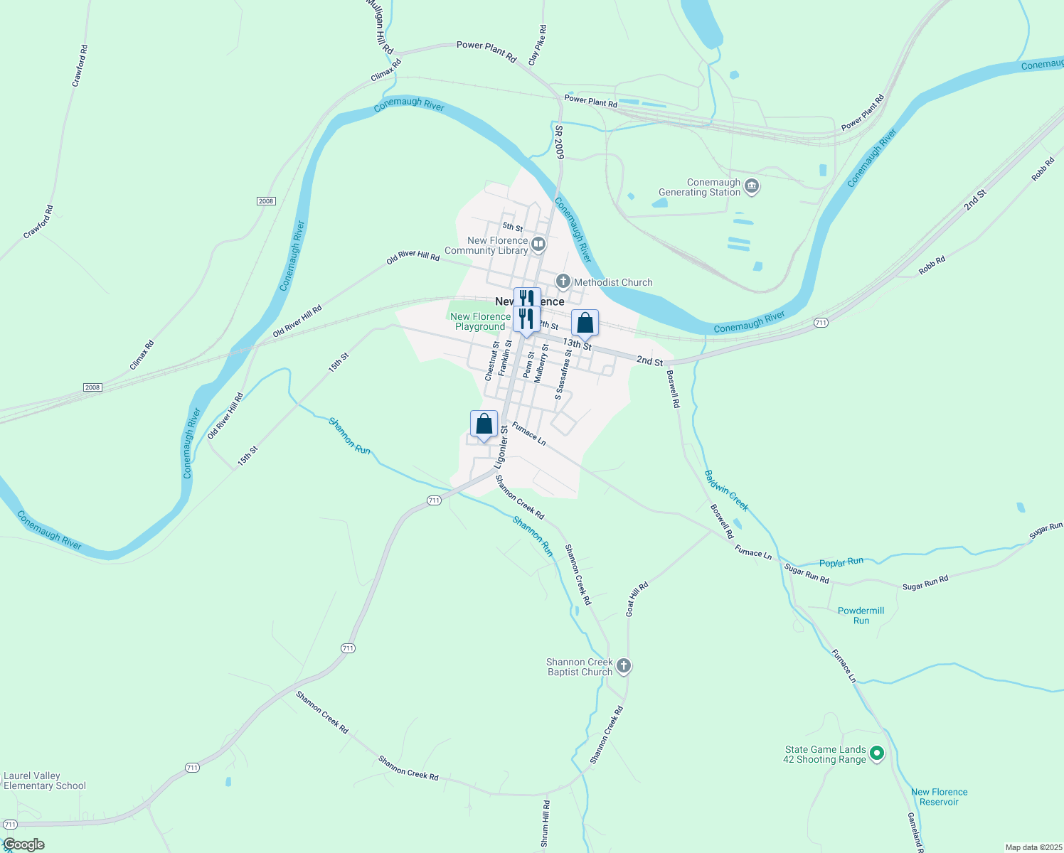 map of restaurants, bars, coffee shops, grocery stores, and more near 195 Furnace Lane in New Florence