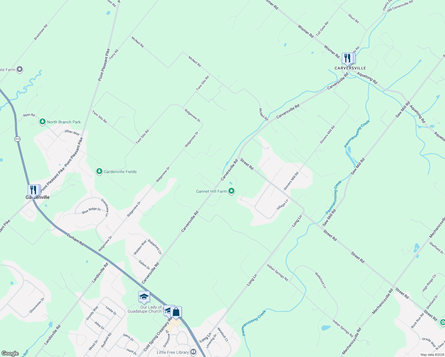 map of restaurants, bars, coffee shops, grocery stores, and more near 5792 Carversville Road in Doylestown
