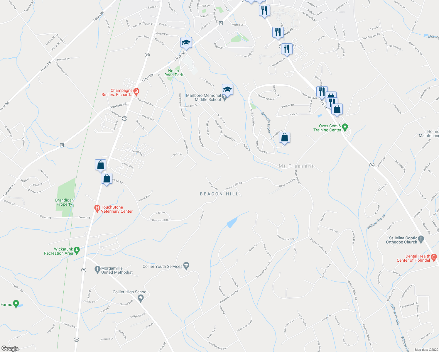 map of restaurants, bars, coffee shops, grocery stores, and more near 11 Old Farm Road in Marlboro Township