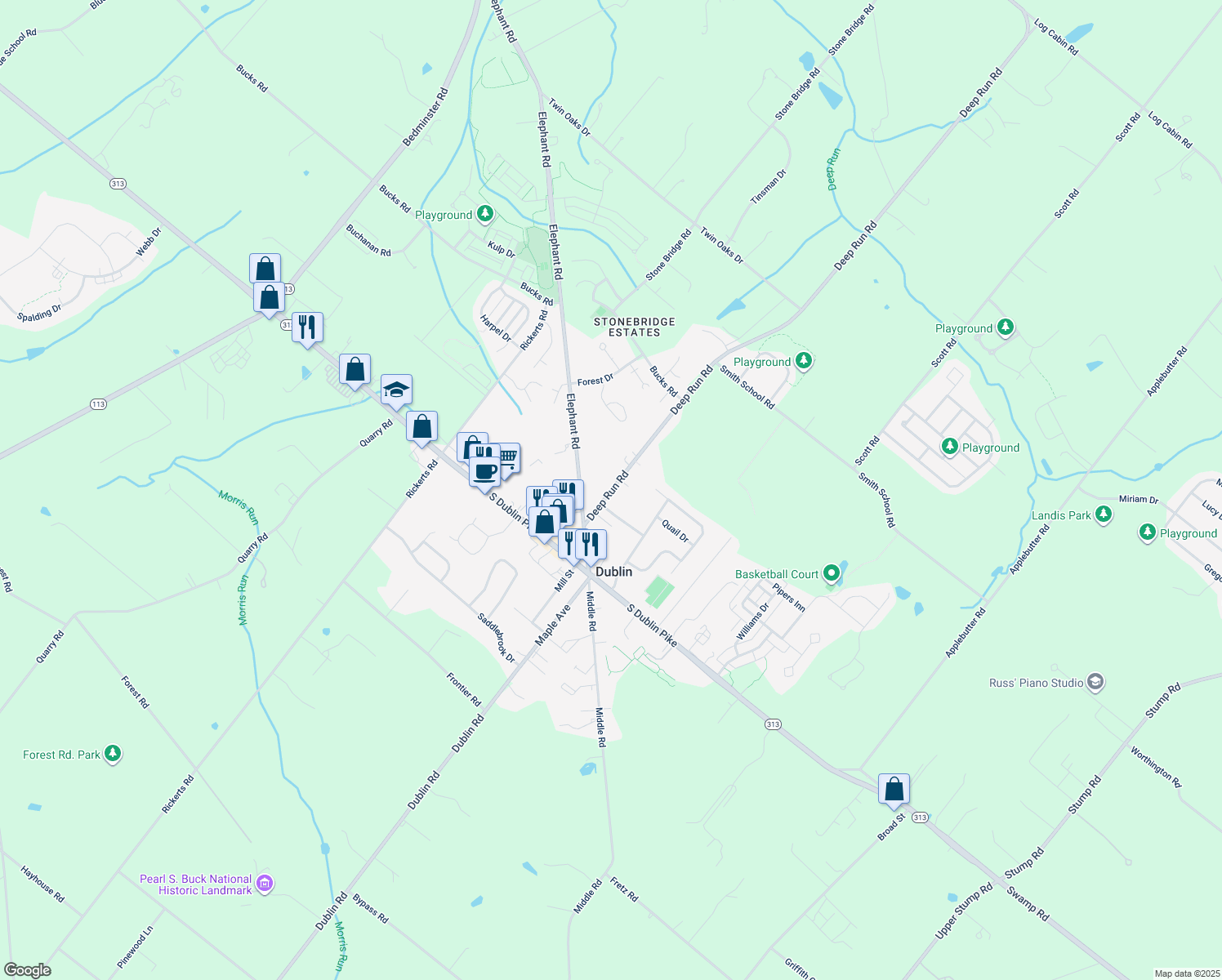 map of restaurants, bars, coffee shops, grocery stores, and more near 108 Deep Run Road in Dublin
