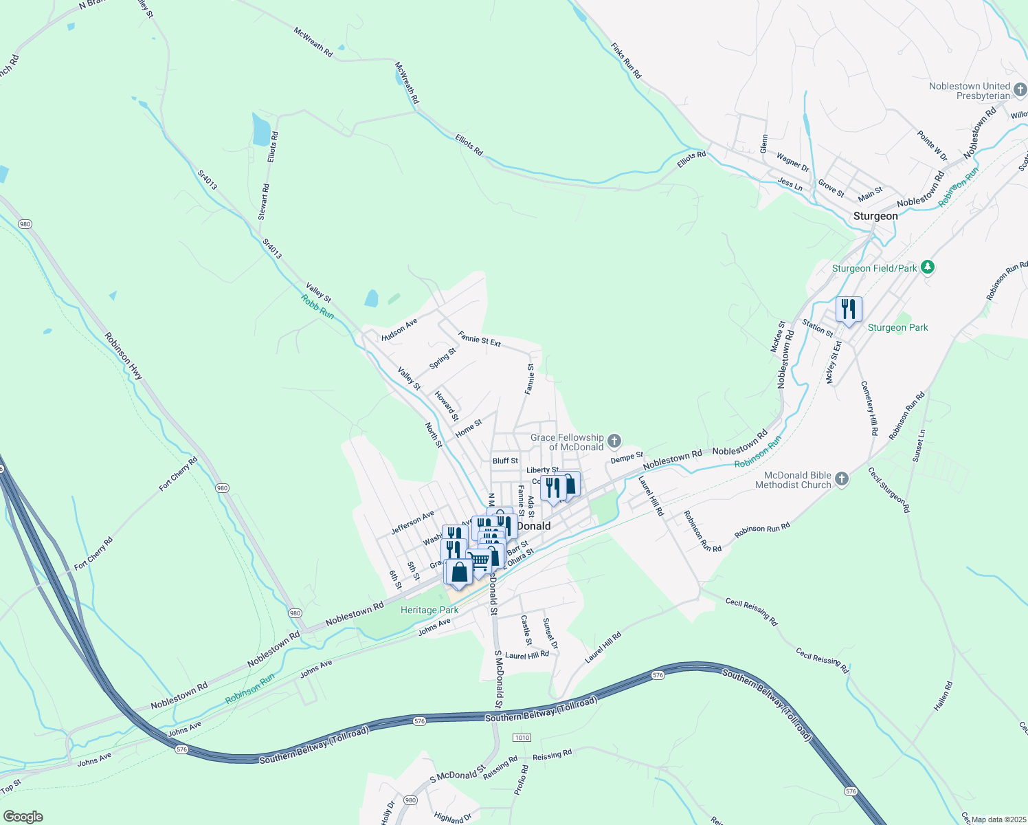 map of restaurants, bars, coffee shops, grocery stores, and more near 429 Fannie Street in McDonald