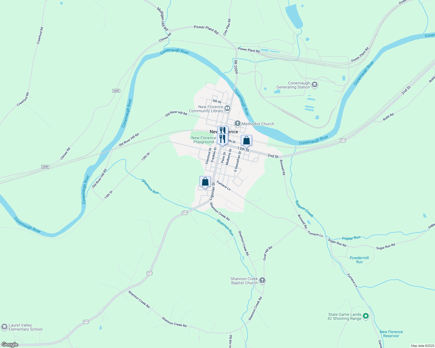 map of restaurants, bars, coffee shops, grocery stores, and more near 221 Ligonier Street in New Florence