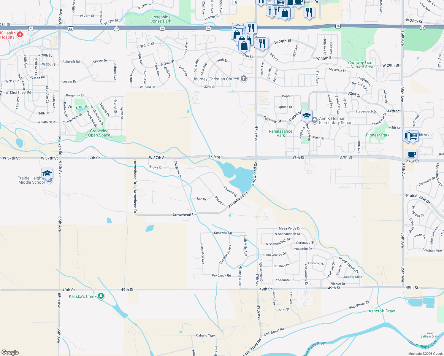map of restaurants, bars, coffee shops, grocery stores, and more near 5023 Pawnee Drive in Greeley
