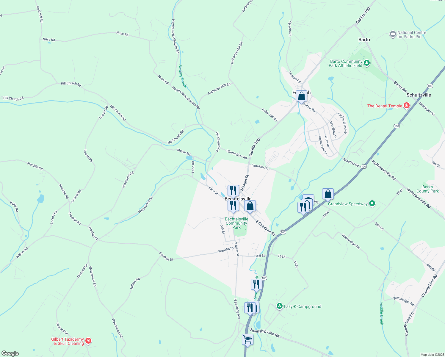 map of restaurants, bars, coffee shops, grocery stores, and more near 214 W Spring St in Bechtelsville