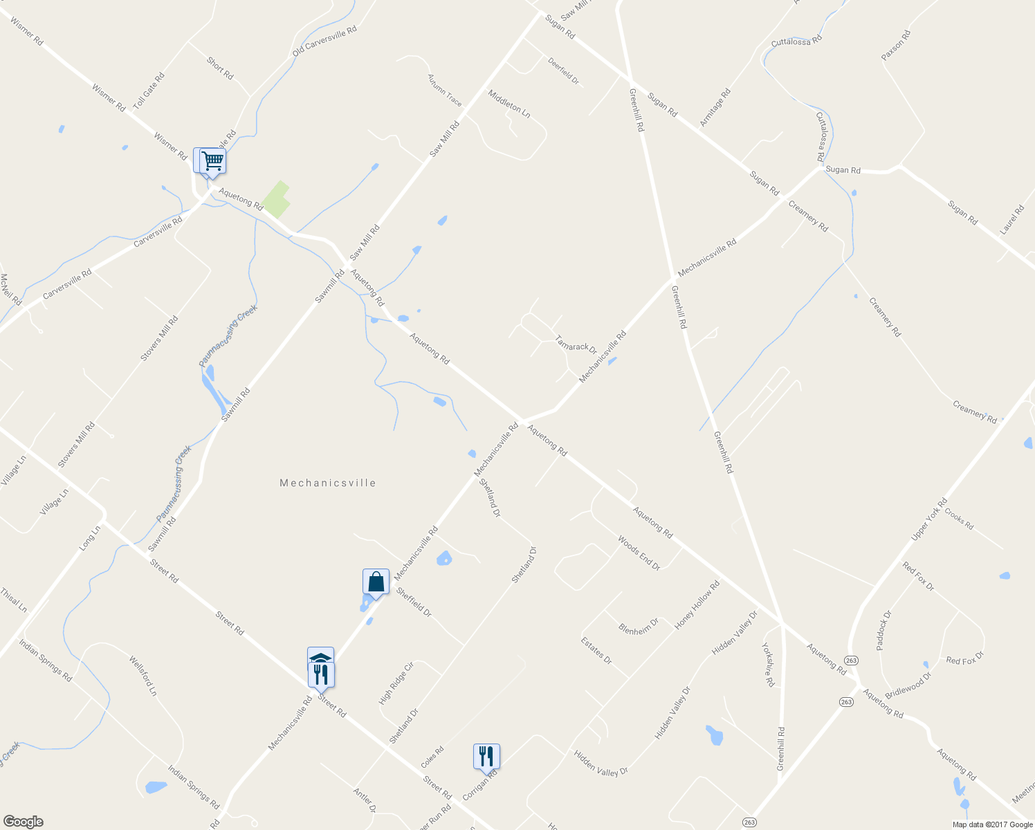 map of restaurants, bars, coffee shops, grocery stores, and more near 3400 Aquetong Road in Bucks County