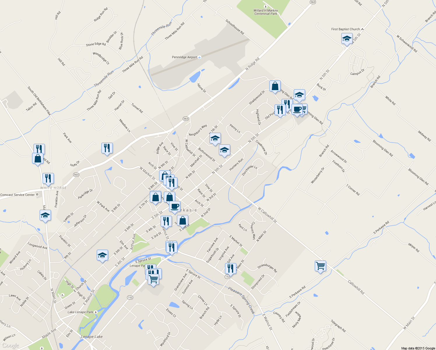 map of restaurants, bars, coffee shops, grocery stores, and more near 402 West Callowhill Street in Perkasie