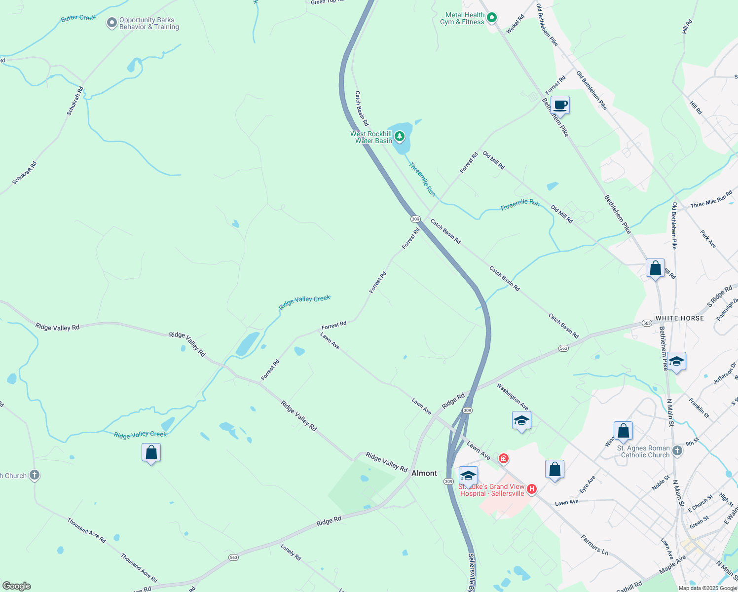 map of restaurants, bars, coffee shops, grocery stores, and more near 635 Forrest Road in Sellersville
