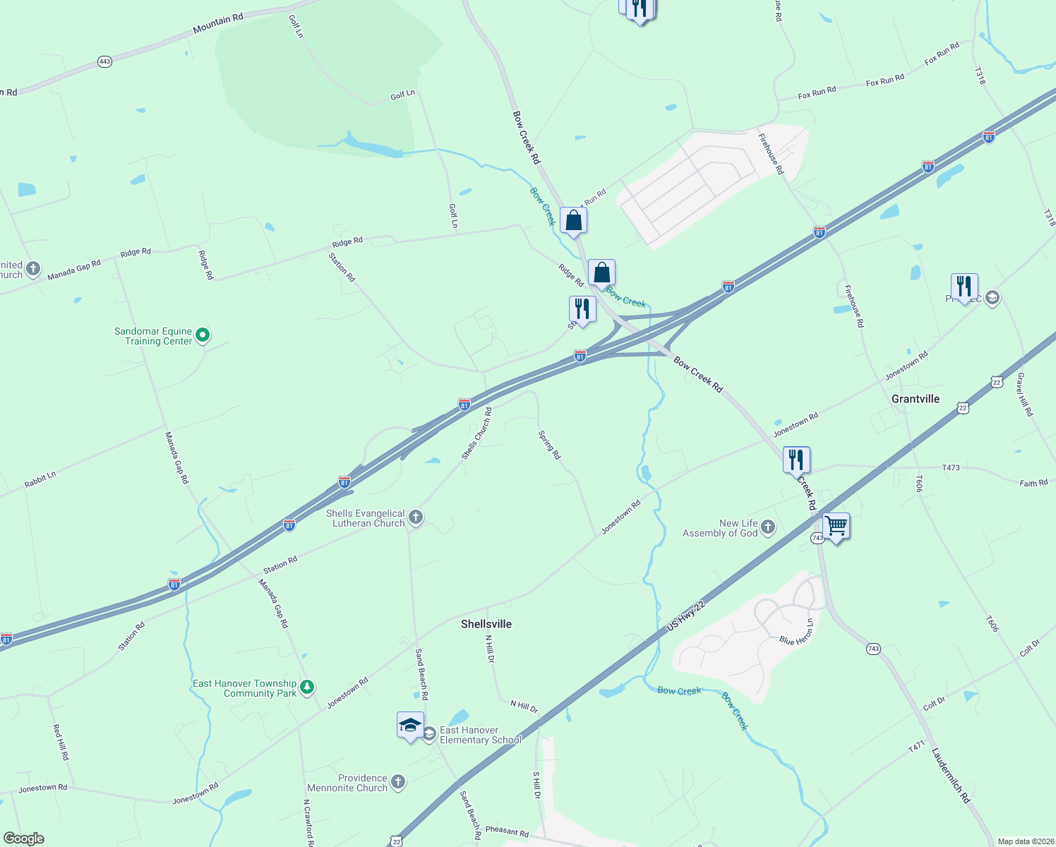 map of restaurants, bars, coffee shops, grocery stores, and more near 313 Spring Rd in Grantville