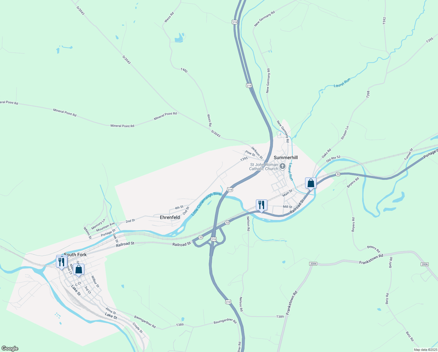 map of restaurants, bars, coffee shops, grocery stores, and more near 100 6th Street in South Fork
