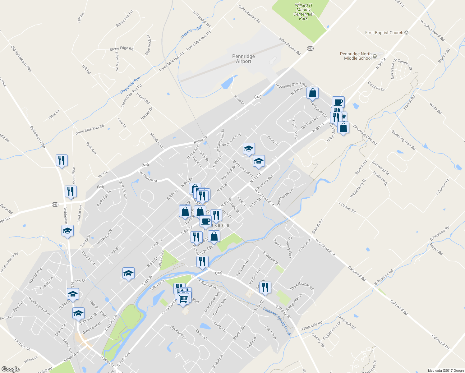 map of restaurants, bars, coffee shops, grocery stores, and more near 521 Vine Street in Perkasie