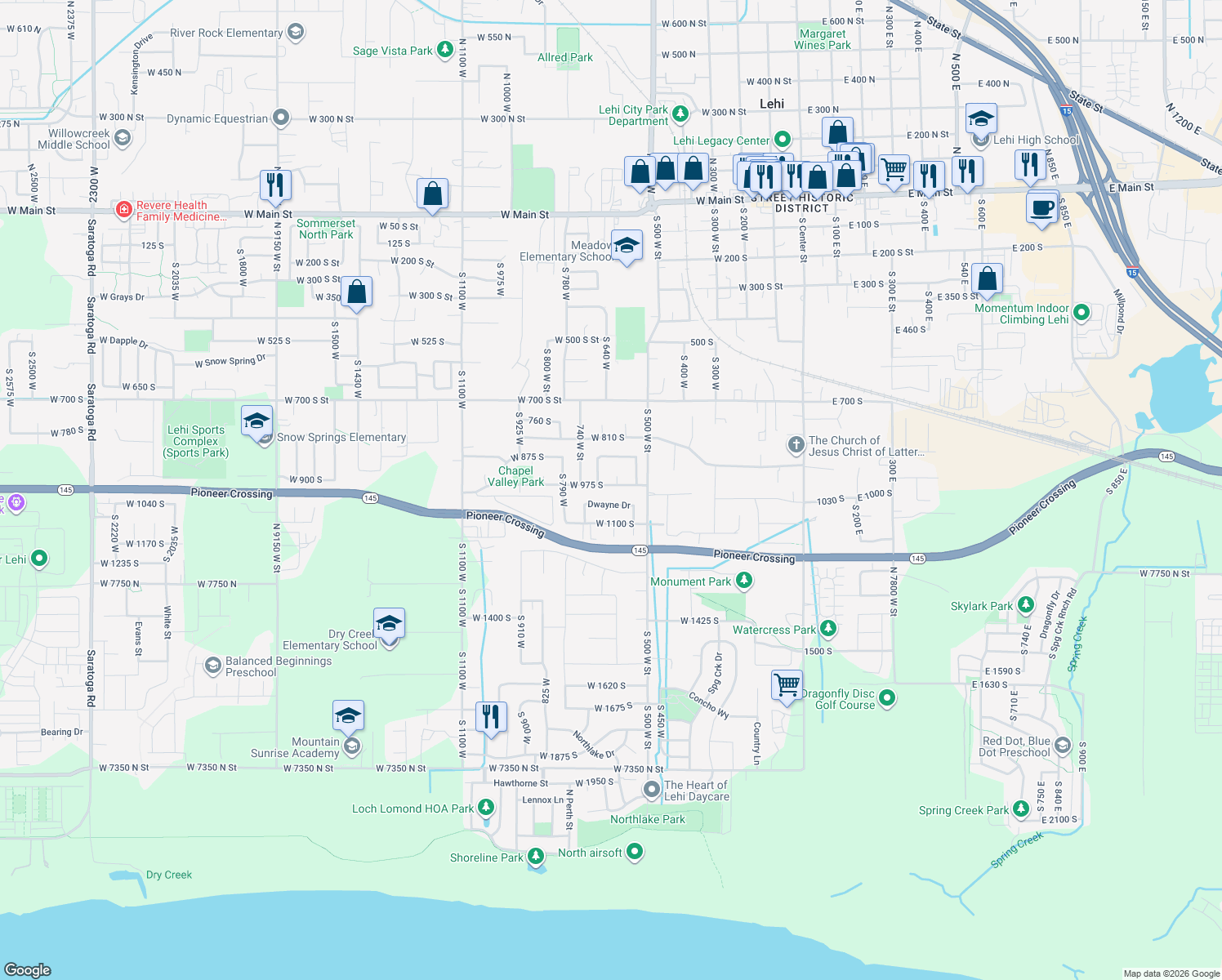 map of restaurants, bars, coffee shops, grocery stores, and more near 599 West 975 South in Lehi