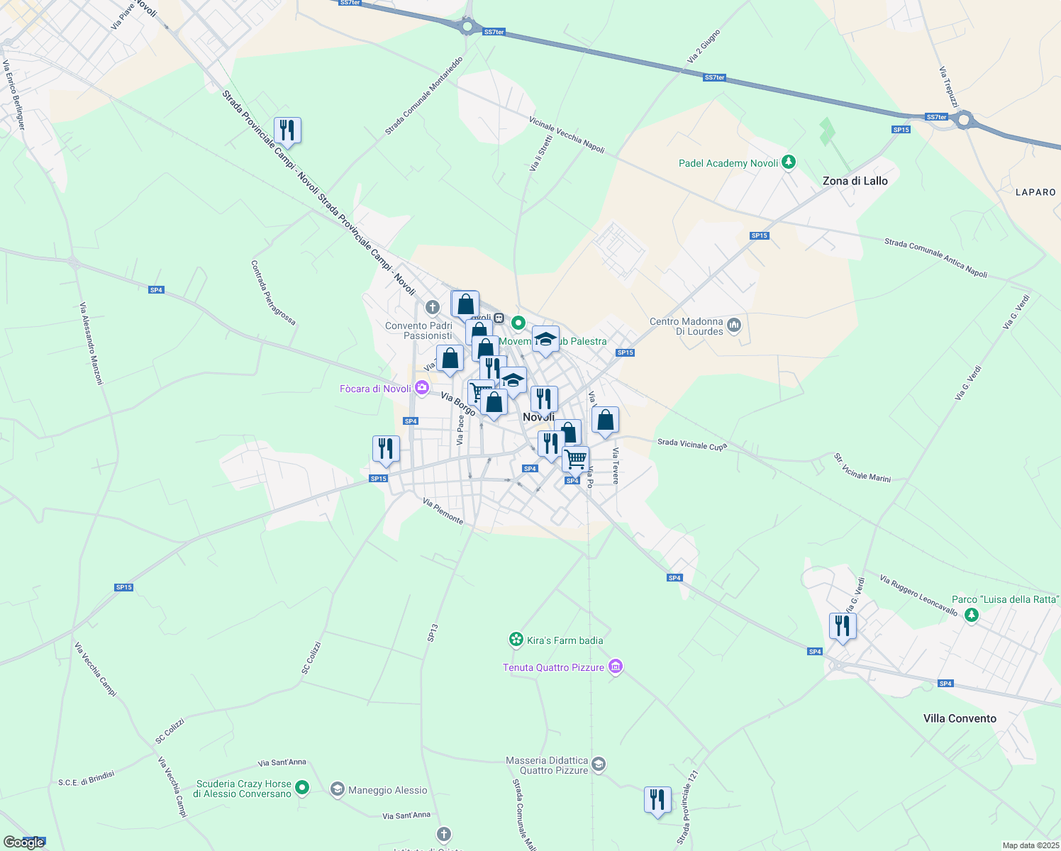map of restaurants, bars, coffee shops, grocery stores, and more near in Novoli