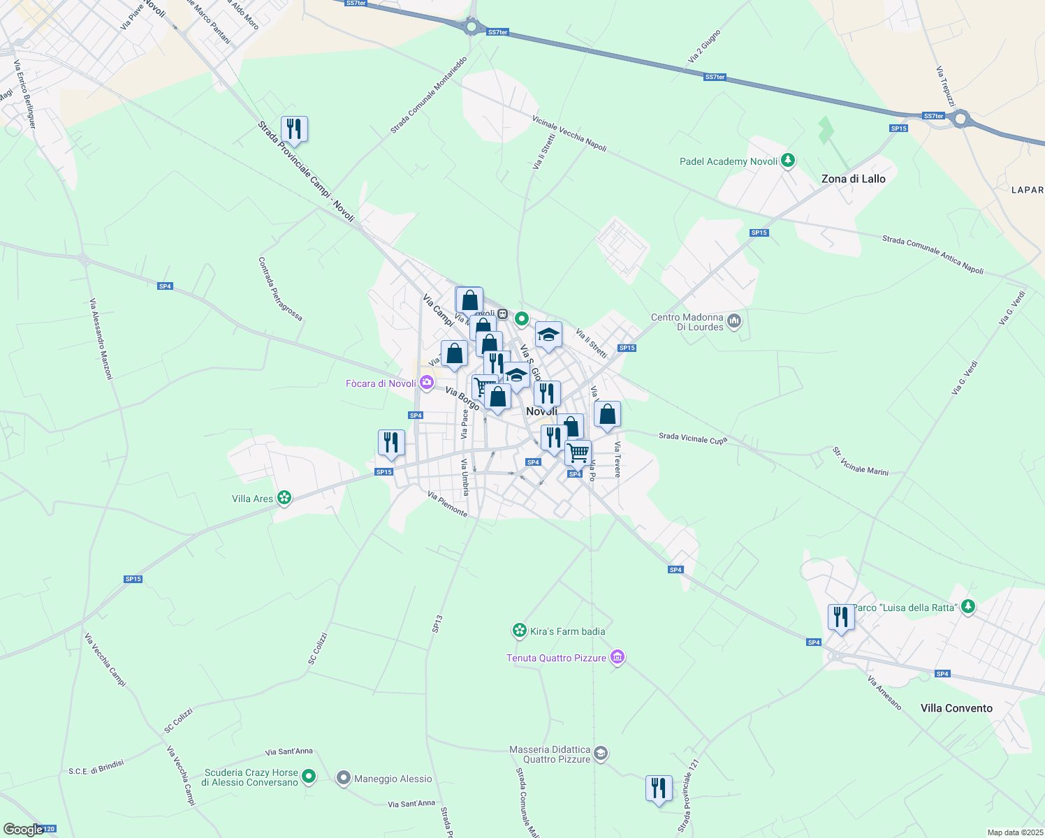 map of restaurants, bars, coffee shops, grocery stores, and more near 60 Via Sant'Antonio in Novoli