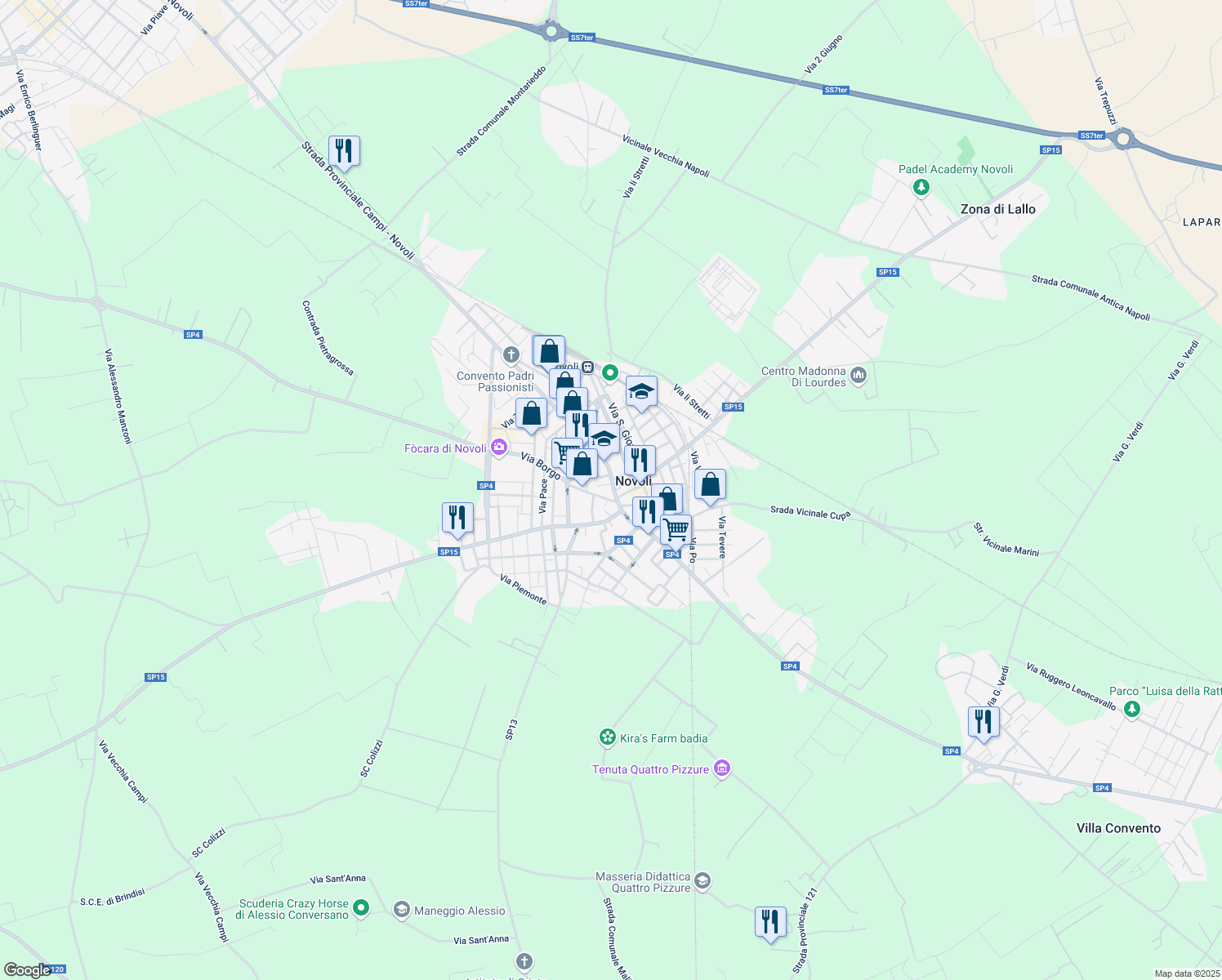 map of restaurants, bars, coffee shops, grocery stores, and more near 60 Via Sant'Antonio in Novoli