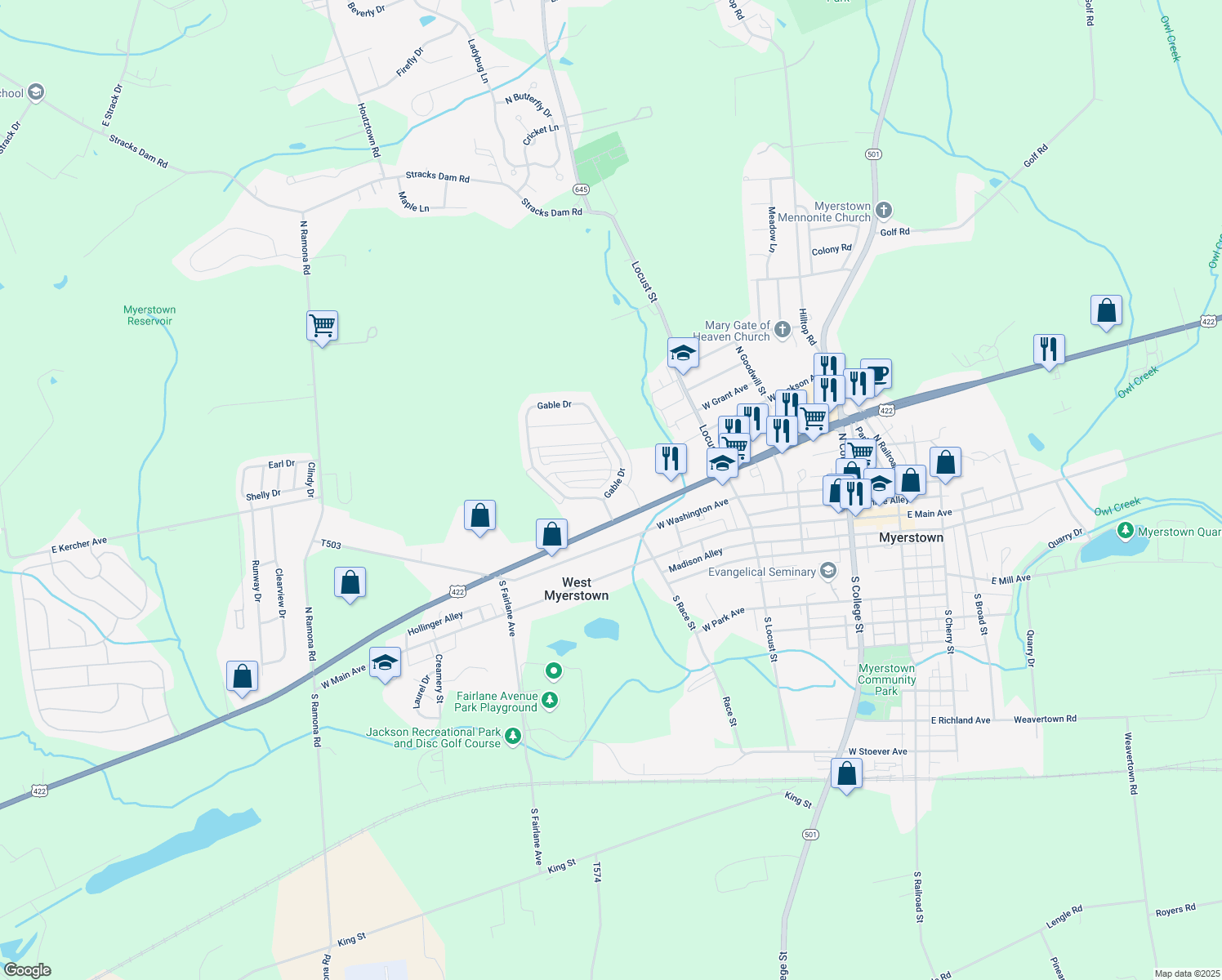 map of restaurants, bars, coffee shops, grocery stores, and more near 24 Gable Drive in Myerstown