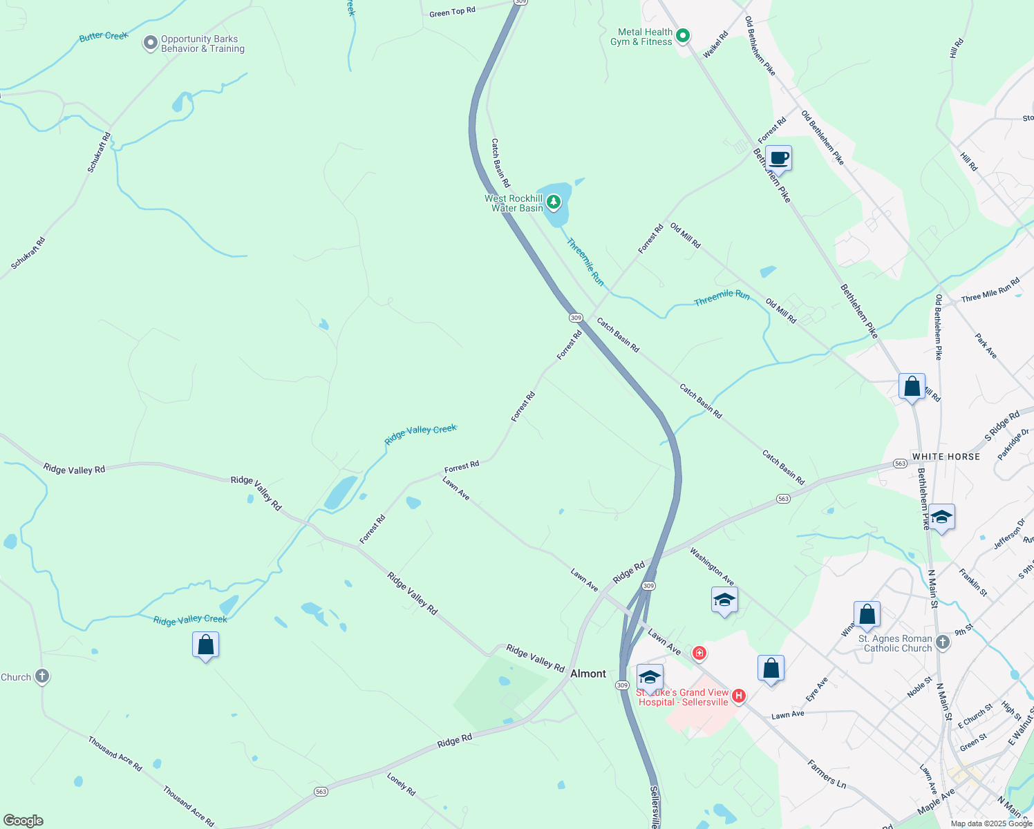 map of restaurants, bars, coffee shops, grocery stores, and more near 625 Forrest Rd in Sellersville